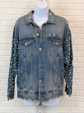 Sunset + Spring Pearl Beaded Distressed Denim Jacket Blue Oversized XS